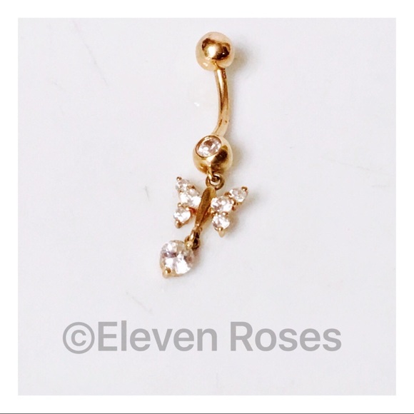 14k Gold Jewelry - 14k Gold Navel Belly Button Ring Butterfly Dangle